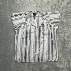 Mod Lusive Flutter Sleeve Top Women Size M Blue White Striped Swiss Dot NWT‎